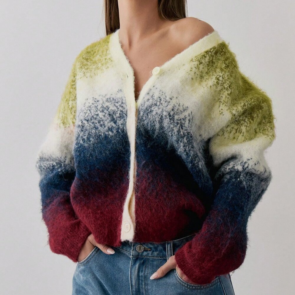 Multicolor Casual Women's Gradient Knit Oversized Cardigan